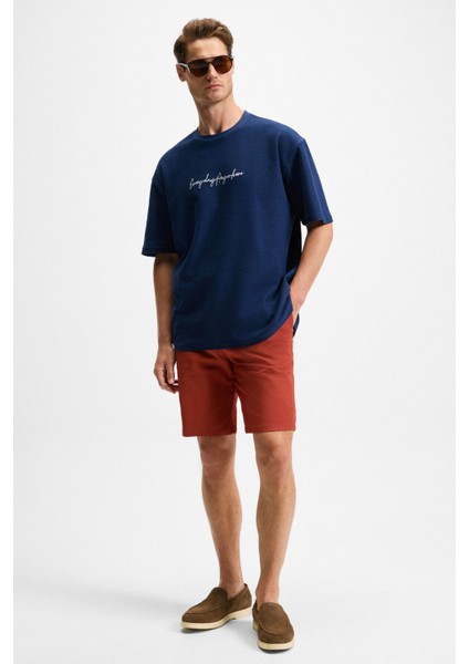 OURFLOW Erkek Nakış Detaylı %100 Organik Pamuk Bisiklet Yaka Kısa Kollu Oversize Lacivert T-Shirt fiyatları