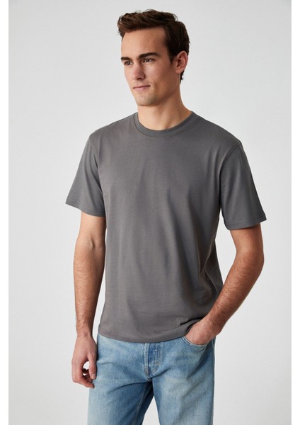 Solo Erkek Organik Pamuklu Kalın Dokulu Comfort Fit Bisiklet Yakalı Gri T-Shirt