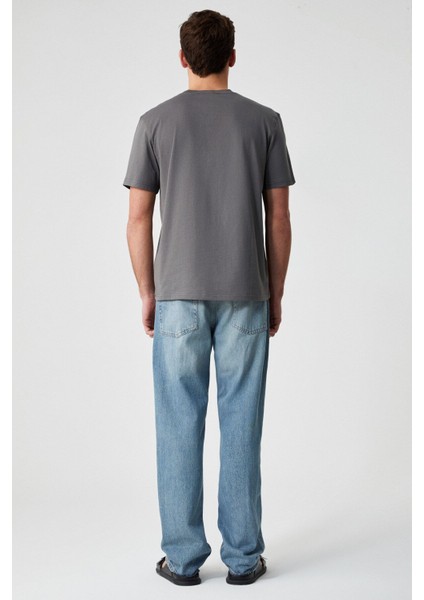 Solo Erkek Organik Pamuklu Kalın Dokulu Comfort Fit Bisiklet Yakalı Gri T-Shirt