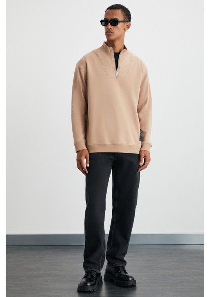 Bılboan Erkek Organik Pamuklu Içi Polarlı Fermuar Dik Yaka Sırt Yazı Baskılı Bej Sweatshirt fiyatları