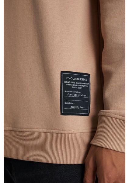 Bılboan Erkek Organik Pamuklu Içi Polarlı Fermuar Dik Yaka Sırt Yazı Baskılı Bej Sweatshirt indirimleri