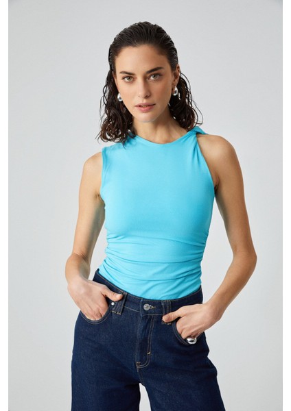 FLORIANNA Kadın Viskon Likralı Burgu Omuzlu Çift Kat Drapeli Turkuaz Bluz