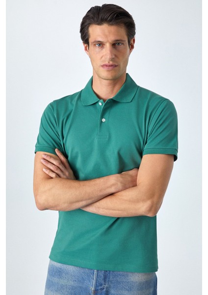 Monaghan Erkek Polo Yaka Relaxed Fit Patlı Düğmeli Kısa Kollu Yeşil T-Shirt