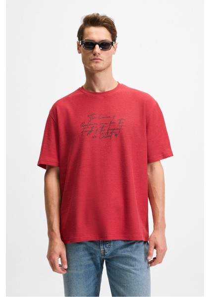 Bondıa Erkek Baskı Detaylı Organik Pamuk Oversize Fit Bisiklet Yakalı Kısa Kollu Bordo T-Shirt