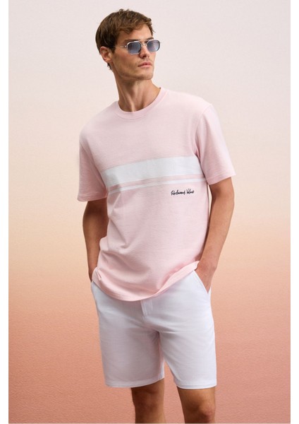 Lamıne Erkek Baskı ve Nakış Detaylı Organik Pamuk Bisiklet Yaka Kısa Kollu Regular Fit Pembe T-Shirt