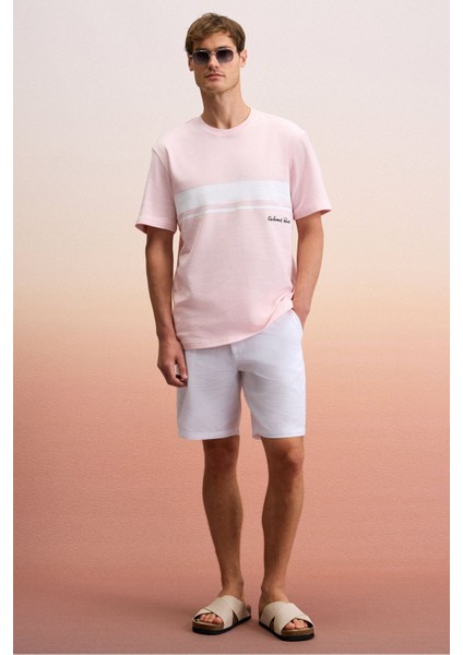 Lamıne Erkek Baskı ve Nakış Detaylı Organik Pamuk Bisiklet Yaka Kısa Kollu Regular Fit Pembe T-Shirt