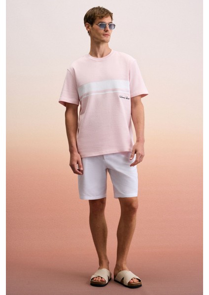 Lamıne Erkek Baskı ve Nakış Detaylı Organik Pamuk Bisiklet Yaka Kısa Kollu Regular Fit Pembe T-Shirt