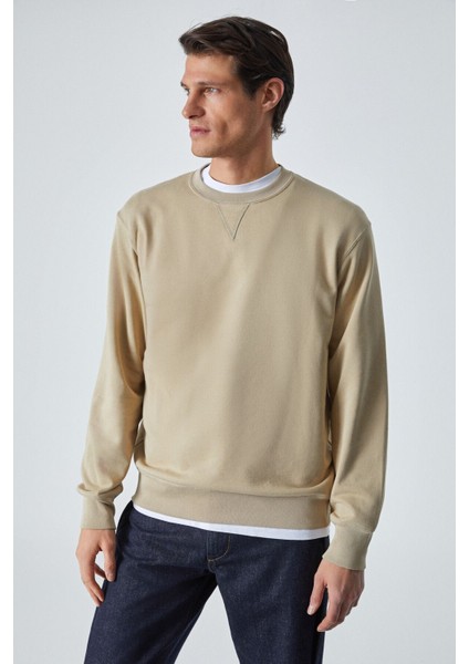 BONELL Erkek %100 Pamuk Relaxed Bisiklet Yaka Uzun Kollu Vizon Sweatshirt