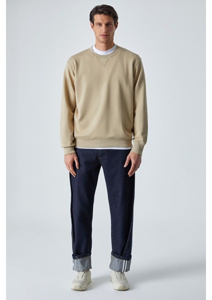 BONELL Erkek %100 Pamuk Relaxed Bisiklet Yaka Uzun Kollu Vizon Sweatshirt fiyatları