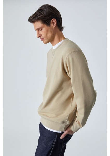 BONELL Erkek %100 Pamuk Relaxed Bisiklet Yaka Uzun Kollu Vizon Sweatshirt fırsatları