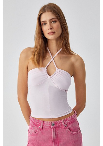 Urıcı Kadın Slim Askılı Yaka Bağcıklı Ince Kısa Pembe Bluz modelleri