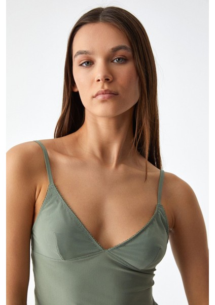 LILLEAN Kadın Kruvaze Yaka Slim İnce Tül Haki Bluz fırsatları