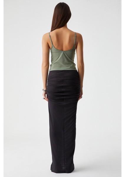 LILLEAN Kadın Kruvaze Yaka Slim İnce Tül Haki Bluz indirimleri