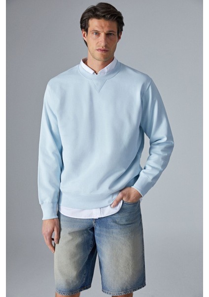 BONELL Erkek %100 Pamuk Relaxed Bisiklet Yaka Uzun Kollu Açık Mavi Sweatshirt