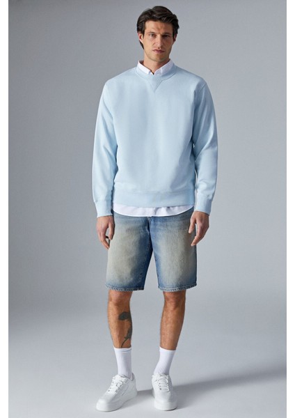 BONELL Erkek %100 Pamuk Relaxed Bisiklet Yaka Uzun Kollu Açık Mavi Sweatshirt fiyatları
