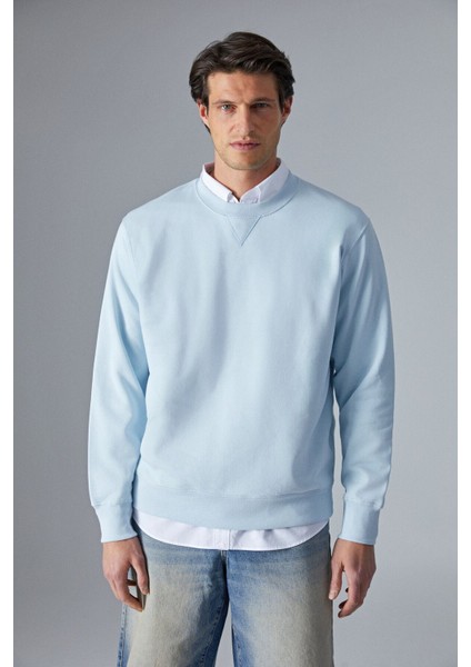 BONELL Erkek %100 Pamuk Relaxed Bisiklet Yaka Uzun Kollu Açık Mavi Sweatshirt modelleri