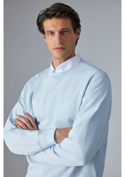 BONELL Erkek %100 Pamuk Relaxed Bisiklet Yaka Uzun Kollu Açık Mavi Sweatshirt fırsatları