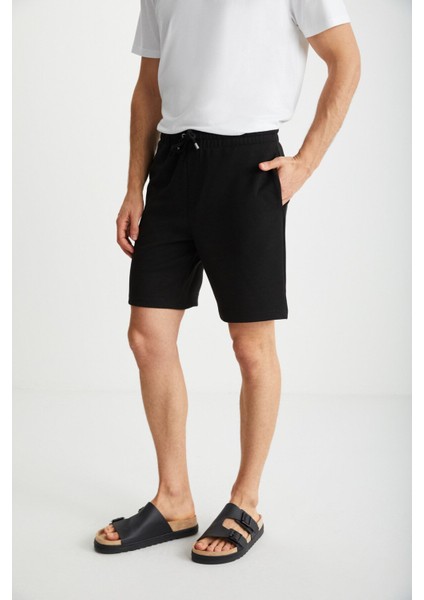 LORVEN Erkek Bağlamalı Regular Fit Siyah Şort & Bermuda