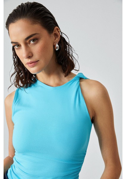 FLORIANNA Kadın Viskon Likralı Burgu Omuzlu Çift Kat Drapeli Turkuaz Bluz fırsatları