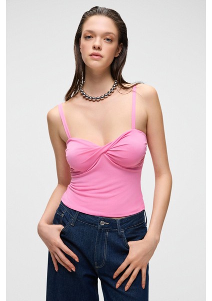 PRIENSE Kadın Slim Kısa Kolsuz Askılı Yaka Pembe Bluz