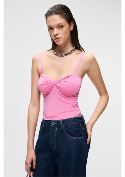 PRIENSE Kadın Slim Kısa Kolsuz Askılı Yaka Pembe Bluz modelleri