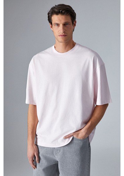 Dazmann Erkek Oversize Fit Bisiklet Yaka Kısa Kollu Organik Pamuk Pembe T-Shirt