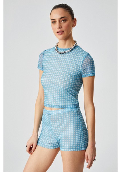 MOJOTO Kadın Slim Tül Çizgili Yüksek Bel Mavi Şort