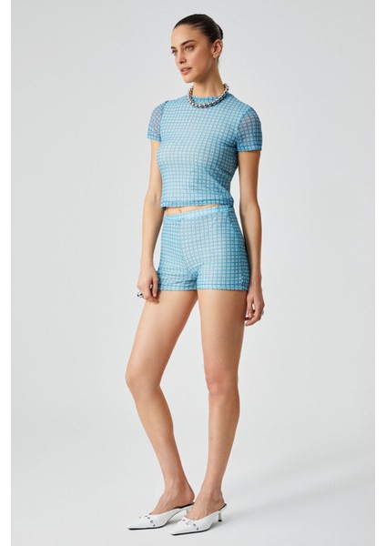 MOJOTO Kadın Slim Tül Çizgili Yüksek Bel Mavi Şort fiyatları