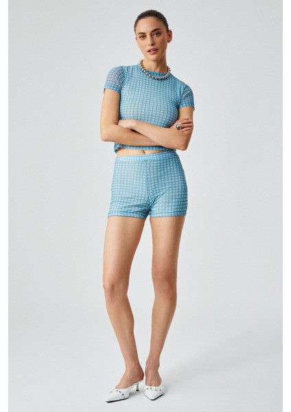 MOJOTO Kadın Slim Tül Çizgili Yüksek Bel Mavi Şort modelleri