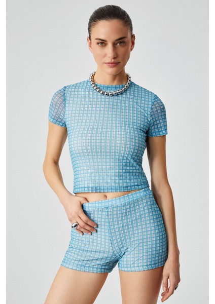 MOJOTO Kadın Slim Tül Çizgili Yüksek Bel Mavi Şort fırsatları