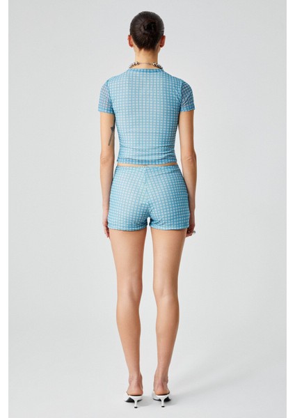 MOJOTO Kadın Slim Tül Çizgili Yüksek Bel Mavi Şort indirimleri