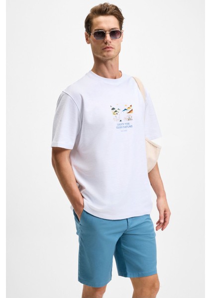 Sagı Erkek Organik Pamuk Ön Arka Baskı Detaylı Bisiklet Yaka Kısa Kollu Oversize Fit Beyaz T-Shirt