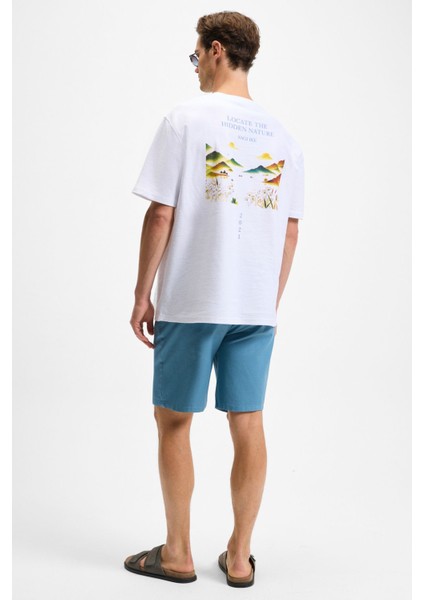 Sagı Erkek Organik Pamuk Ön Arka Baskı Detaylı Bisiklet Yaka Kısa Kollu Oversize Fit Beyaz T-Shirt