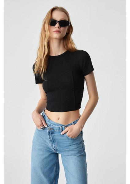 CERAEN Kadın Slim Kısa Kol Bisiklet Yaka Siyah T-Shirt