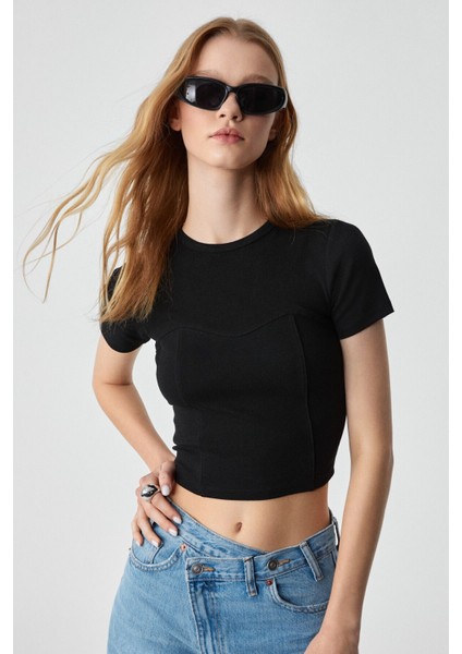 CERAEN Kadın Slim Kısa Kol Bisiklet Yaka Siyah T-Shirt modelleri