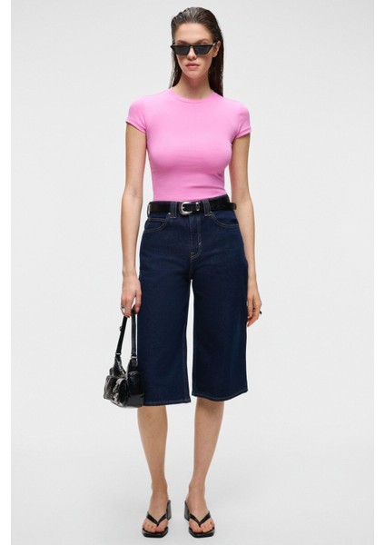 HOPEWELL Kadın Yuvarlak Yaka Örme Slim Fit Pembe T-Shirt fiyatları