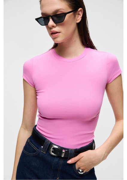 HOPEWELL Kadın Yuvarlak Yaka Örme Slim Fit Pembe T-Shirt modelleri