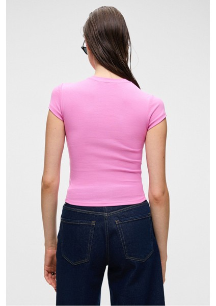 HOPEWELL Kadın Yuvarlak Yaka Örme Slim Fit Pembe T-Shirt indirimleri