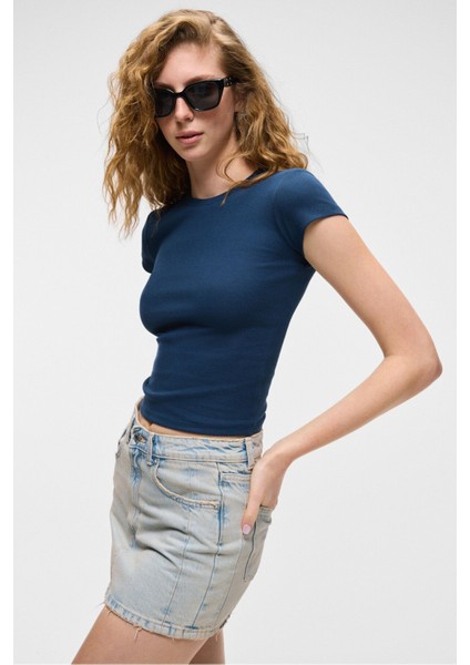 HOPEWELL Kadın Yuvarlak Yaka Örme Slim Fit Lacivert T-Shirt modelleri