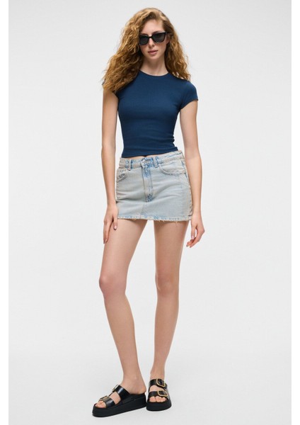 HOPEWELL Kadın Yuvarlak Yaka Örme Slim Fit Lacivert T-Shirt fırsatları