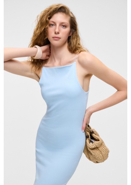 Havvolıne Kadın Havuz Yaka Slim Fit Kolsuz Mavi Elbise indirimleri