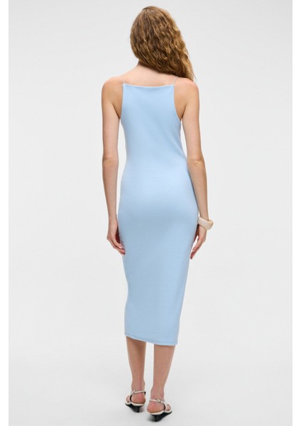 Havvolıne Kadın Havuz Yaka Slim Fit Kolsuz Mavi Elbise