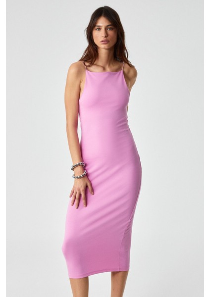 Havvolıne Kadın Havuz Yaka Slim Fit Kolsuz Pembe Elbise