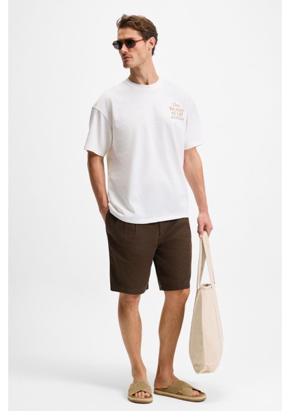 Bonıe Erkek Ön Baskı ve Nakış Detaylı Organik Pamuklu Oversize Bisiklet Yaka Beyaz T-Shirt