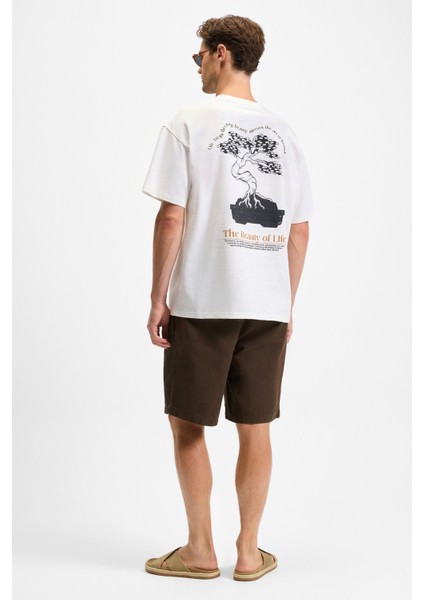 Bonıe Erkek Ön Baskı ve Nakış Detaylı Organik Pamuklu Oversize Bisiklet Yaka Beyaz T-Shirt