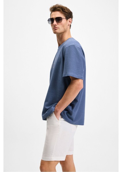 Bondıa Erkek Baskı Detaylı Organik Pamuk Oversize Fit Bisiklet Yakalı Kısa Kollu Indigo T-Shirt