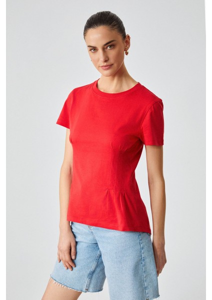 Jessıa Kadın Korse Detaylı Organik Pamuk Bisiklet Yaka Kırmızı T-Shirt