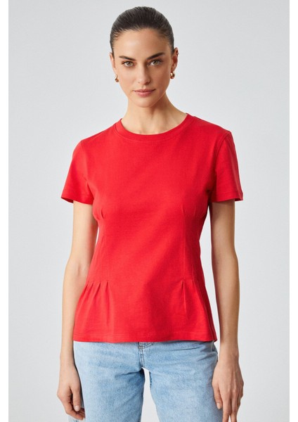 Jessıa Kadın Korse Detaylı Organik Pamuk Bisiklet Yaka Kırmızı T-Shirt modelleri