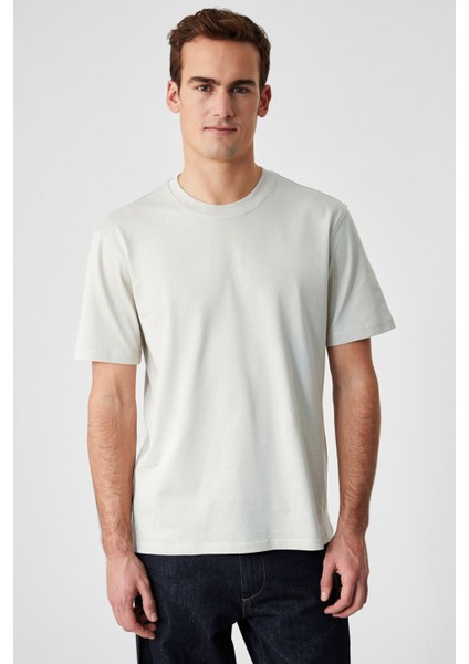 Solo Erkek Organik Pamuklu Kalın Dokulu Comfort Fit Bisiklet Yakalı Açık Bej T-Shirt