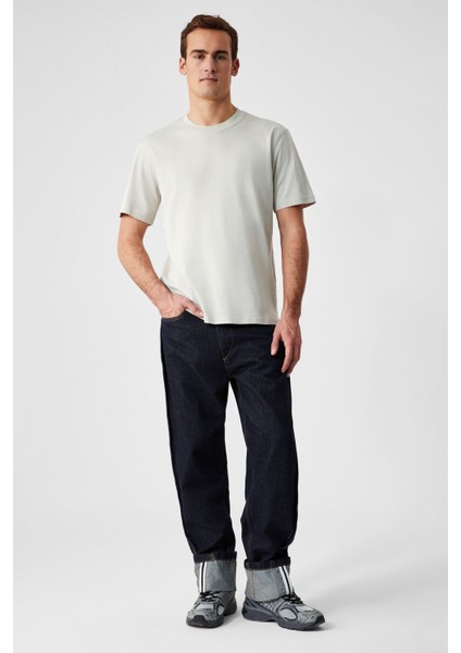 Solo Erkek Organik Pamuklu Kalın Dokulu Comfort Fit Bisiklet Yakalı Açık Bej T-Shirt